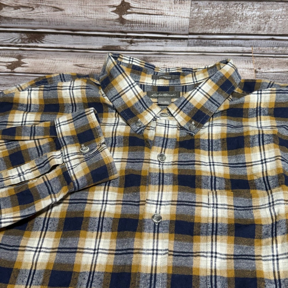 Eddie Bauer Flannel Shirt Mens 2XL Yellow Blue Plaid Relaxed Fit Button Down